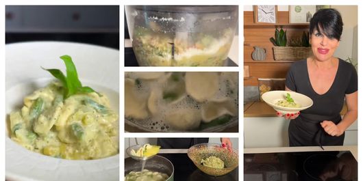Paste cu pesto, nuci, fasole verde și cartofi, rețeta pregătită de chef Patrizia Paglieri. „Dacă ni se par prea uscate, mai luăm puțină apă de la paste.”