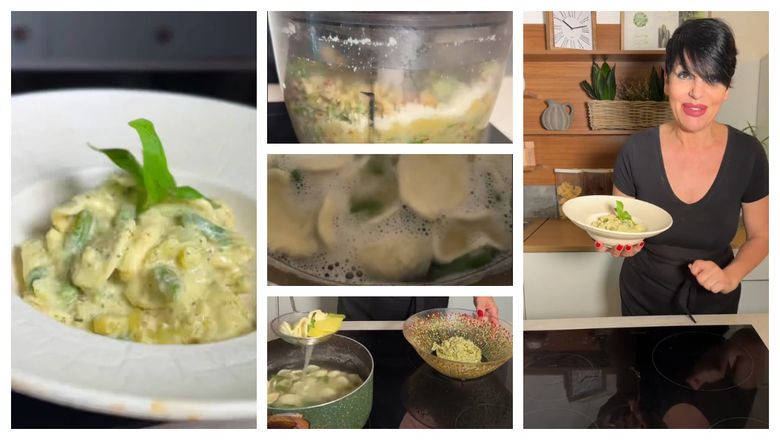 Paste cu pesto, nuci, fasole verde și cartofi, rețeta pregătită de chef Patrizia Paglieri. „Dacă ni se par prea uscate, mai luăm puțină apă de la paste.”