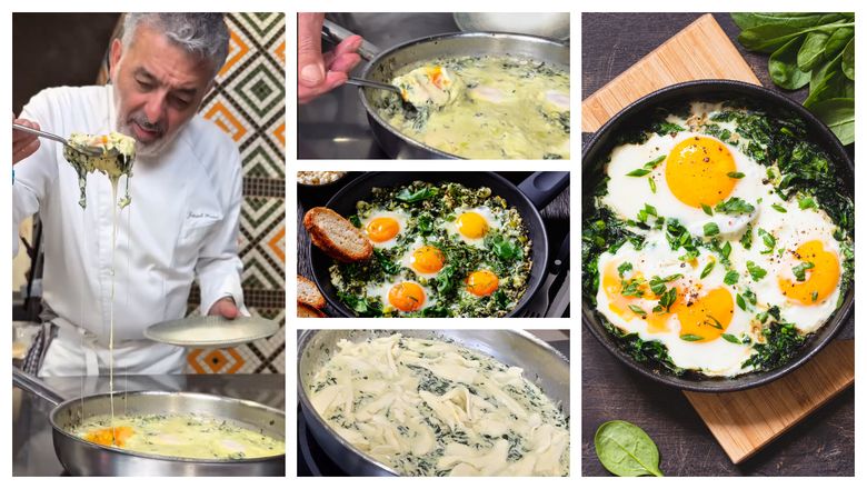 Shakshuka cu spanac, rețeta pregătită de chef Joseph Hadad. „Puneți smântână lichidă și gătiți pentru 5 minute.”