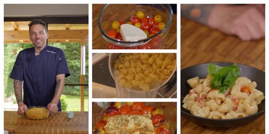 Paste cu brânză feta, roșii cherry și busuioc, la cuptor, rețeta pregătită de chef Ștefan Popescu. “Punem busuioc deasupra. Să gustăm aceste paste minunate, fantastice, extraordinare.”