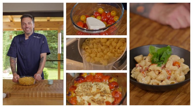 Paste cu brânză feta, roșii cherry și busuioc, la cuptor, rețeta pregătită de chef Ștefan Popescu. “Punem busuioc deasupra. Să gustăm aceste paste minunate, fantastice, extraordinare.”