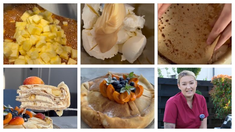 Tort de clătite cu cremă de mascarpone, ananas caramelizat, piersici și afine, desertul pregătit de Roxana Blenche. „Absolut demențial, delicios.”