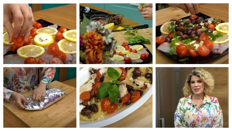 VIDEO Pește cu măsline, roșii și busuioc la cuptor, rețeta pregătită de Alina Laufer. “Ce poate fi mai aromat de atât?”