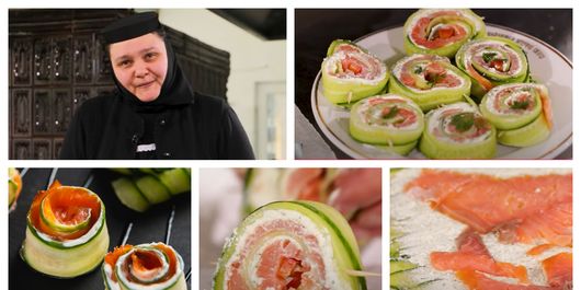 Rulouri cu somon afumat, rețeta pregătită de Maica Iustina! De ce este important să așezăm feliile de castravete pe un șervețel de bucătărie, înainte de toate? 
