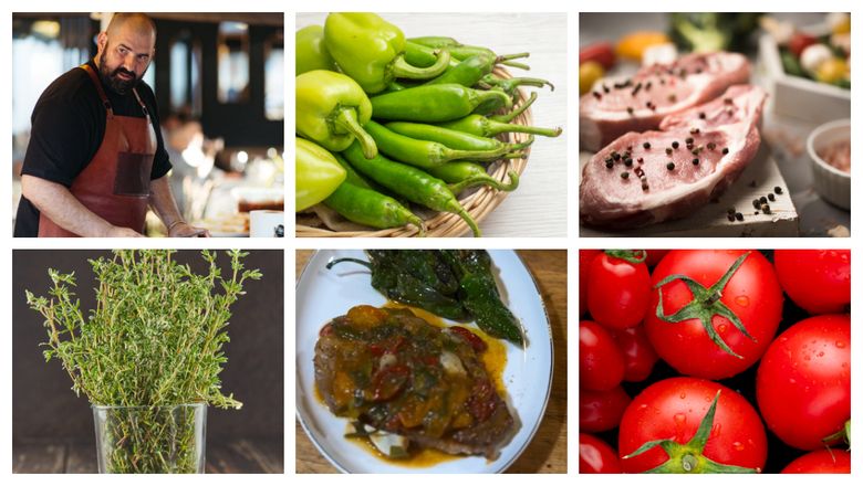 Ceafă de porc cu ardei și roșii, rețeta pregătită de chef Adi Hădean. “Am pus peste carne tomatele tăiate și cățeii de usturoi.”