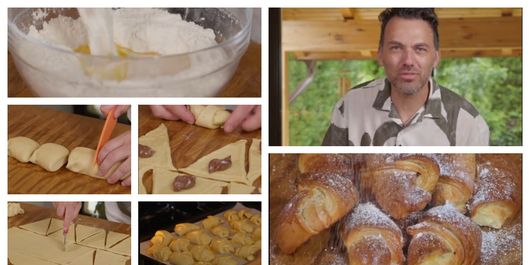 Cornulețe cu ciocolată, făcute în casă, rețeta pregătită de chef Ștefan Popescu. “Laptele trebuie să fie cald, nu fierbinte, pentru că omoară drojdia și nu mai crește.”