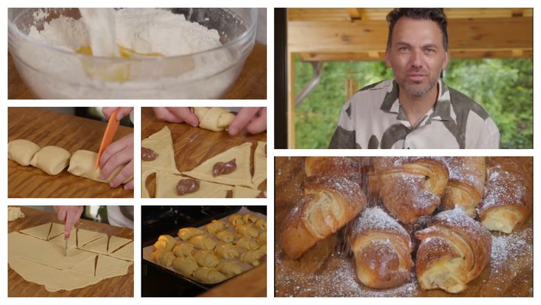 Cornulețe cu ciocolată, făcute în casă, rețeta pregătită de chef Ștefan Popescu. “Laptele trebuie să fie cald, nu fierbinte, pentru că omoară drojdia și nu mai crește.”