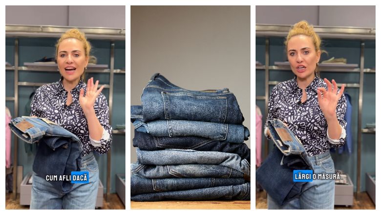 Cum să verificăm blugii înainte să-i cumpărăm? Adina Buzatu ne arată ce test le putem face pentru a vedea dacă se lărgesc în timp: “Dacă își revine repede, atunci știi că forma va rămâne intactă.”