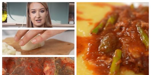 Pui cacciatorre, cu suc de roșii, măsline, sparanghel și rozmarin, rețeta pregătită de chef Roxana Blenche: “Se rupe cărnița, acesta e semnul că e gata.”