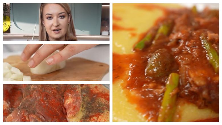 Pui cacciatorre, cu suc de roșii, măsline, sparanghel și rozmarin, rețeta pregătită de chef Roxana Blenche: “Se rupe cărnița, acesta e semnul că e gata.”