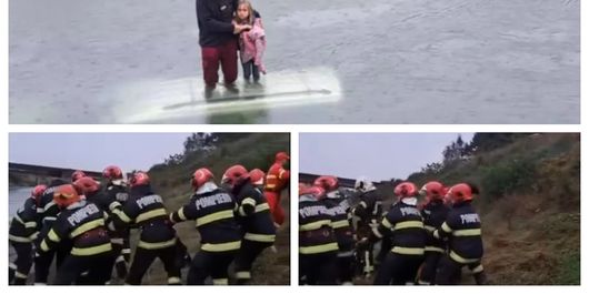 Au căzut cu mașina în canal, dar s-au folosit de ea să se salveze. Un bătrân și un copil, pe plafonul autotusimului, așteptând ajutor
