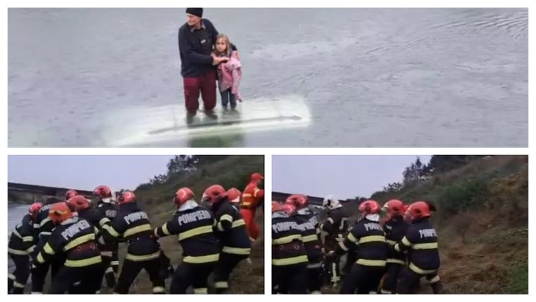 Au căzut cu mașina în canal, dar s-au folosit de ea să se salveze. Un bătrân și un copil, pe plafonul autotusimului, așteptând ajutor