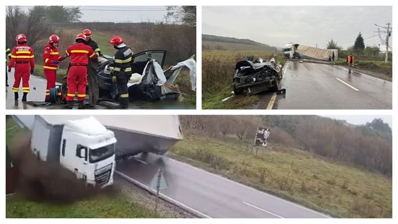 Filmul tragic al momentului în care un TIR se răstoarnă peste un autoturism, în localitatea Drăgușeni. Șoferul mașinii a murit pe loc