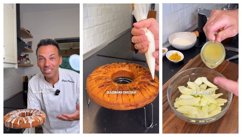 Secretul lui chef Ștefan Popescu pentru cel mai delicios chec de mere. Ce pune în glazură pentru a deveni mai lichidă: „Se așează merele în picioare, presar zahăr brun deasupra.”