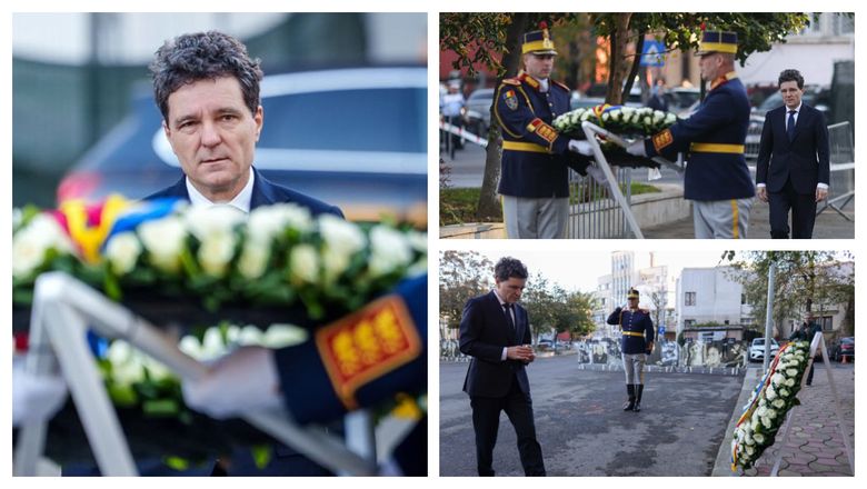 FOTO Președintele României, la fața locului unde s-a produs tragedia Colectiv, astăzi, la 10 ani! Nicușor Dan a depus o coroană de flori și și-a exprimat regretele profunde: 