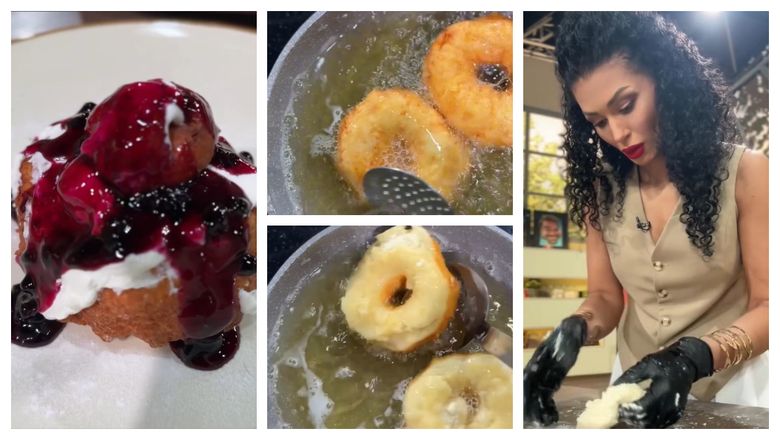 Papanași cu dulceață de afine și vișine, desertul pregătit de Majda Aboulumosha: “Brânză de vaci bine scursă, dar nu uscată.”