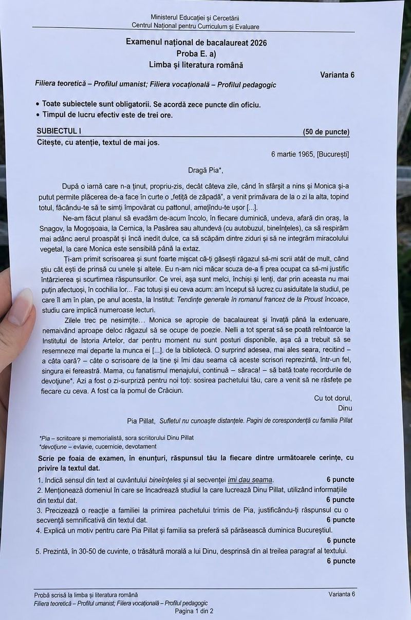 Subiecte Bacalaureat 2026 - Profil Uman