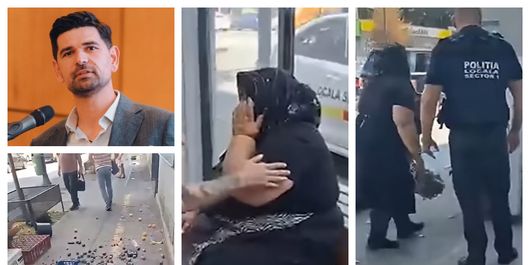 Scandal în centrul Capitalei! Un polițist local a fost filmat în timp ce arunca florile și fructele unei femei pe jos