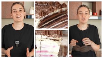 Tort cu blat umed și două tipuri de ganache de ciocolată, desertul pregătit de Roxana Blenche: “Îl însiropăm, adăugăm ganache-ul de ciocolată albă și îmbrăcăm tortul în cremă.”