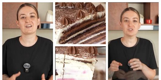 Tort cu blat umed și două tipuri de ganache de ciocolată, desertul pregătit de Roxana Blenche: “Îl însiropăm, adăugăm ganache-ul de ciocolată albă și îmbrăcăm tortul în cremă.”