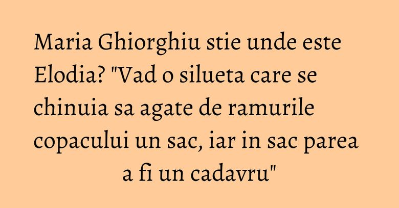 Maria Ghiorghiu stie unde este Elodia? "Vad o silueta care se chinuia sa agate de ramurile copacului un sac, iar in sac parea a fi un cadavru" Maria Ghiorghiu stie unde este Elodia? "Vad o silueta care se chinuia sa agate de ramurile copacului un sac, iar in sac parea a fi un cadavru"