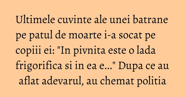 Ultimele cuvinte ale unei batrane pe patul de moarte i-a socat pe copiii ei: "In pivnita este o lada frigorifica si in ea e..." Dupa ce au aflat adevarul, au chemat politia