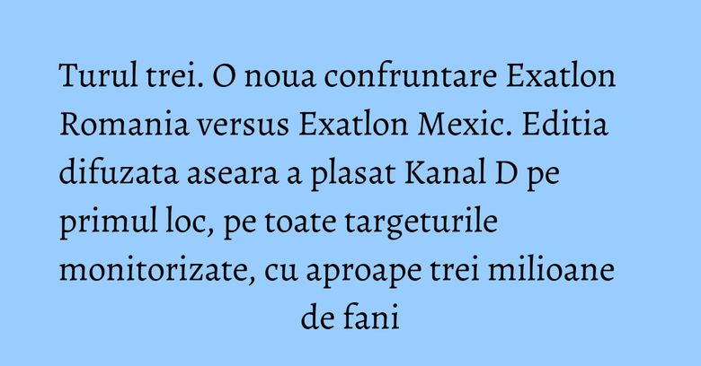 Turul trei. O noua confruntare Exatlon Romania versus Exatlon Mexic. Editia difuzata aseara a plasat Kanal D pe primul loc, pe toate targeturile monitorizate, cu aproape trei milioane de fani Turul trei. O noua confruntare Exatlon Romania versus Exatlon Mexic. Editia difuzata aseara a plasat Kanal D pe primul loc, pe toate targeturile monitorizate, cu aproape trei milioane de fani