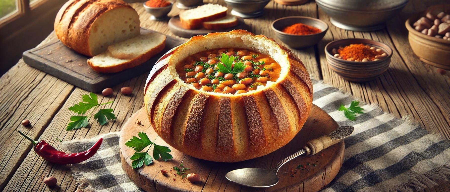 ciorba, fasole, bol de paine