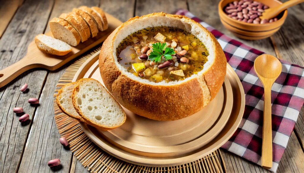 ciorba, fasole, bol de paine