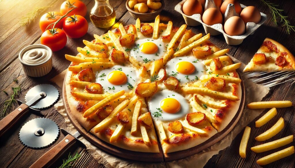 pizza, cartofi, oua