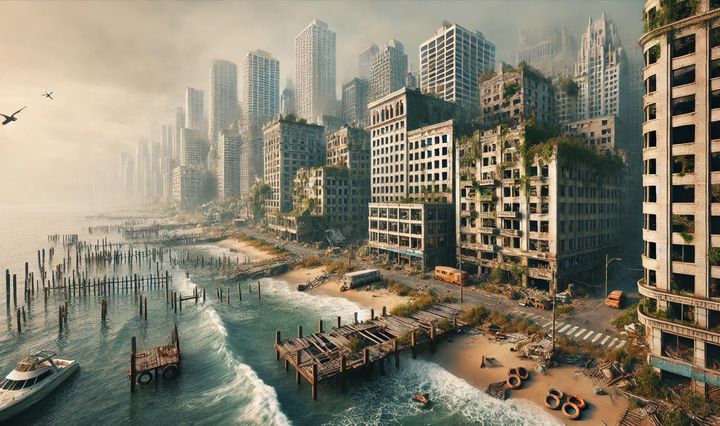 Oraș părăsit, lângă ocean.