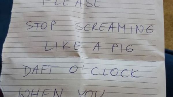 &bdquo;&Icirc;ncetează să mai țipi ca o scroafă&rdquo;, scrie un vecin sătul de țipetele din timpul actului sexual