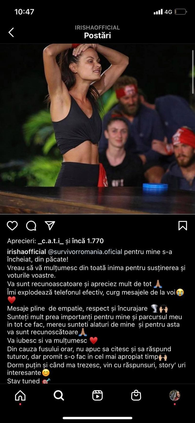 Irisha, prima reacție după ce a părăsit competiția Survivor România