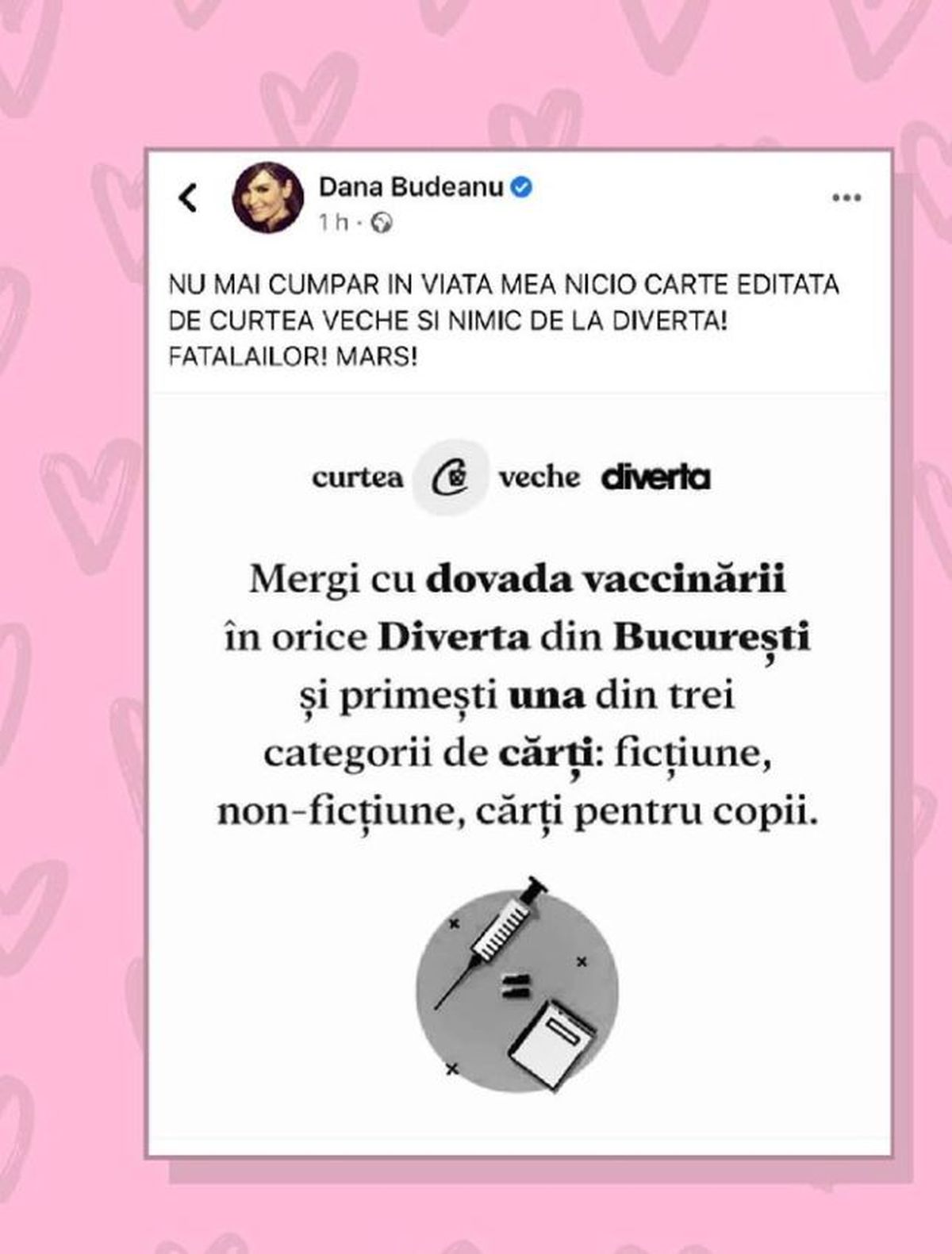 Curtea Veche, răspuns ironic pentru Dana Budeanu după ce i-a amenințat că nu mai cumpără cărți de la ei pentru că au o campanie de vaccinare
