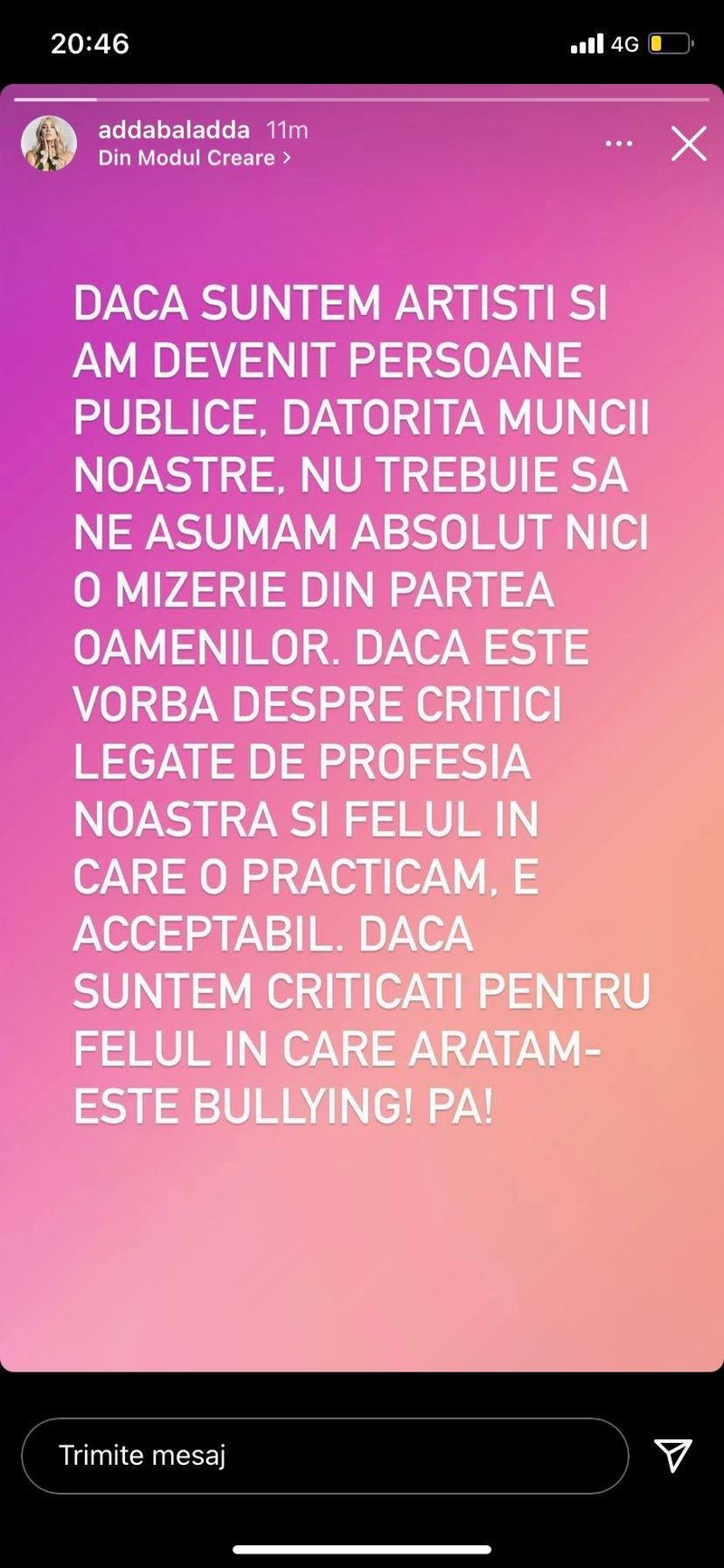 Adda, reacție acidă pe Instagram! Postarea pe care a șters-o la scurt timp: „Nu trebuie să ne asumăm...”