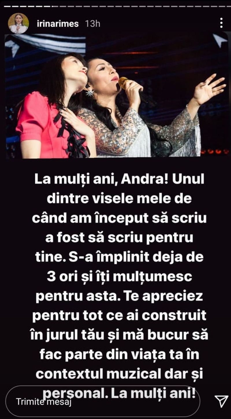 Irina Rimes, urare emoționantă pentru Andra! Ce i-a transmis artista, de ziua sa