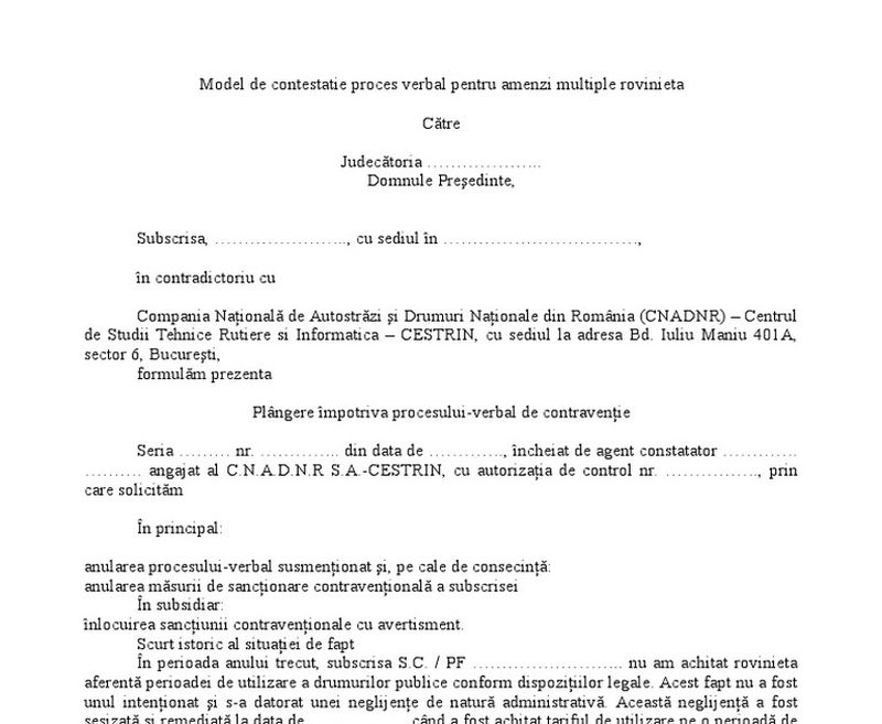 Cum poţi anula o amendă pentru lipsa rovinietei Model contestaţie