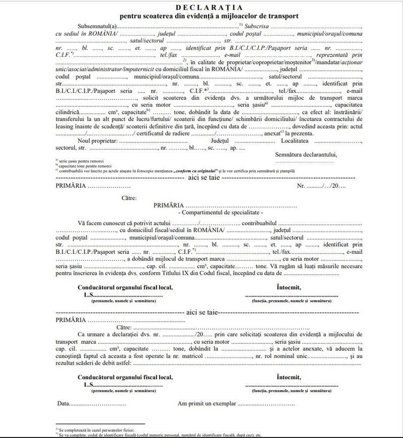 Model cerere de scoatere din evidenţă auto