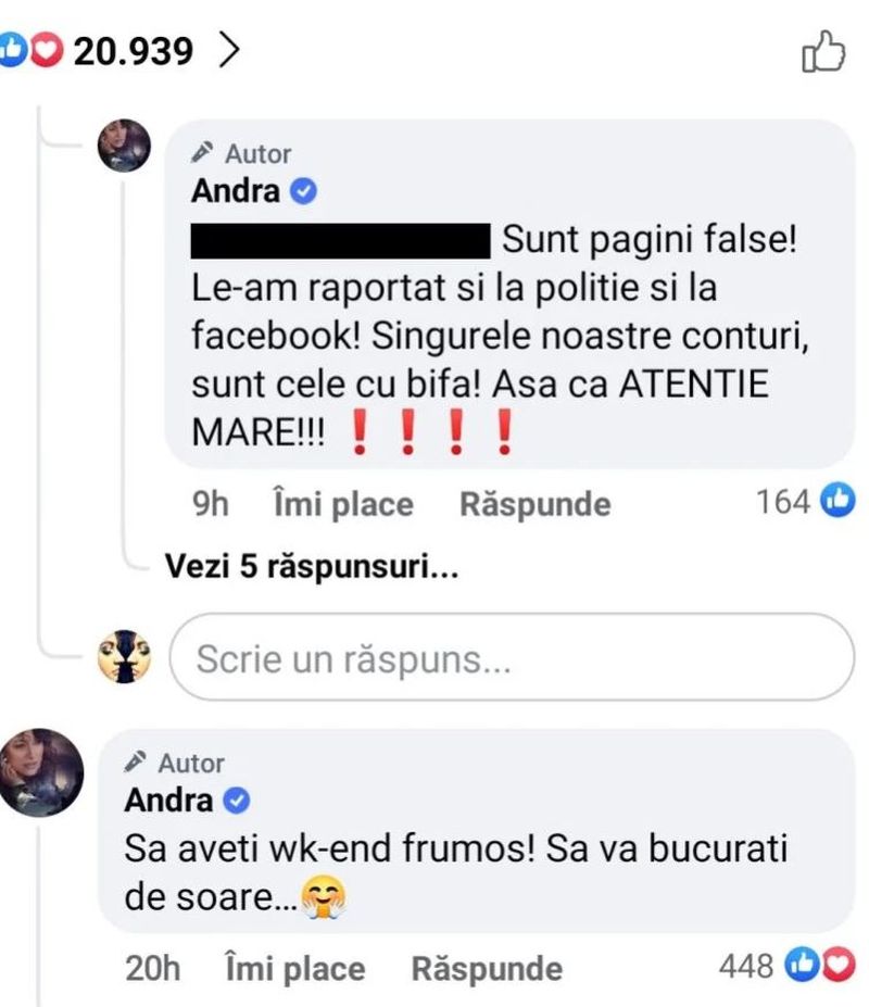 Andra, probleme pe rețelele sociale! De ce a apelat, de fapt, artista la ajutorul poliției