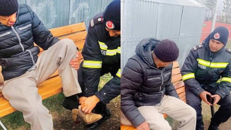 Bătr&acirc;n fugit &icirc;n papuci din Ucraina, mărturisiri emoționante: &bdquo;Am pierdut tot! Pentru ce să mai trăiesc?&rdquo; Bărbatul izbucnește &icirc;n lacrimi c&acirc;nd primeşte pantofi de la pompierii din Rădăuţi