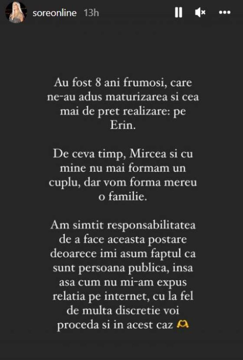 Sore și Mircea Julean, tatăl fiicei ei, s-au despărțit după o relație de opt ani