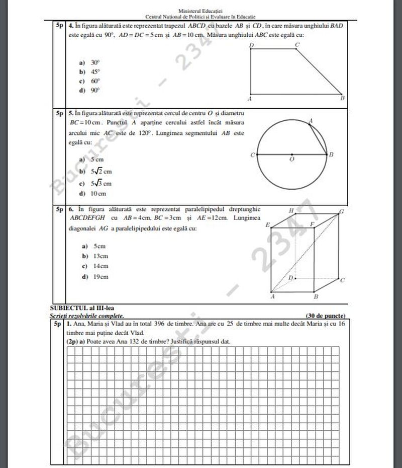 ​Evaluarea Națională 2022! Ce subiecte au primit elevii de clasa a 8-a la matematică
