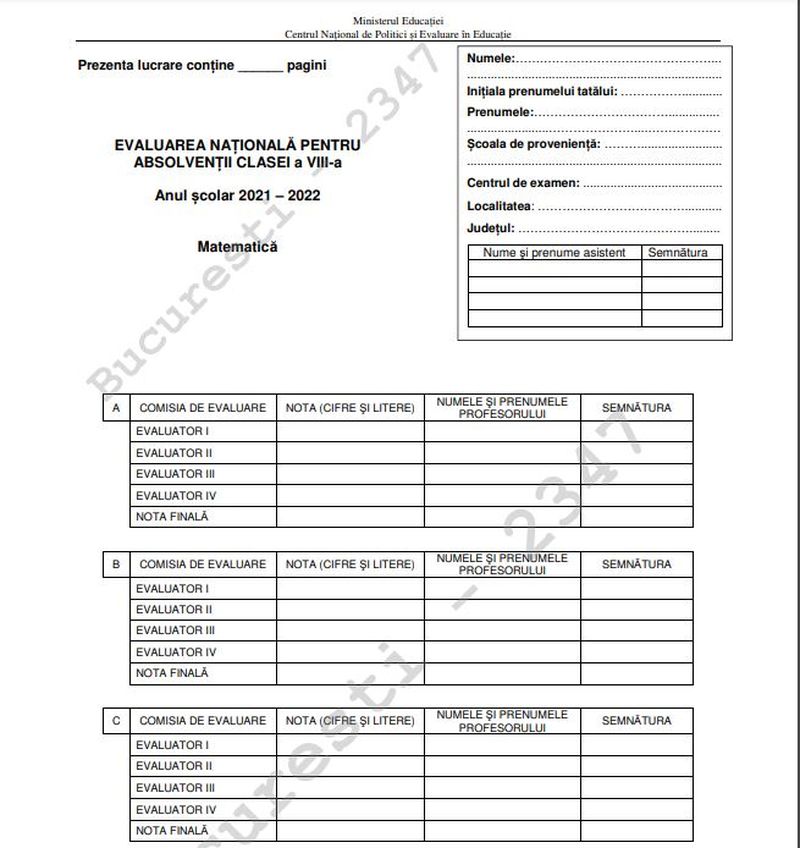 ​Evaluarea Națională 2022! Ce subiecte au primit elevii de clasa a 8-a la matematică