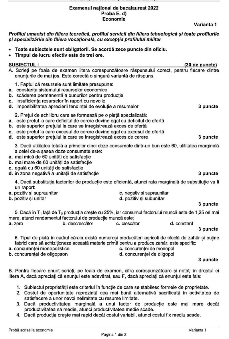 Subiecte BAC 2022 Economie 