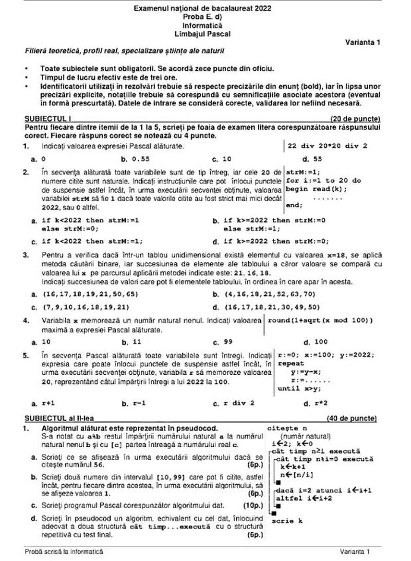 Subiecte BAC 2022 Informatică 