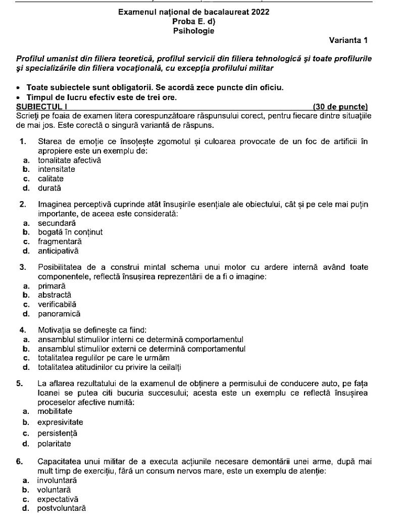 Subiecte BAC 2022 Psihologie 