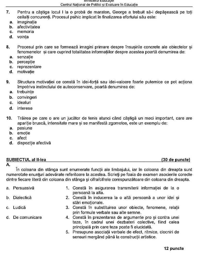 Subiecte BAC 2022 Psihologie 