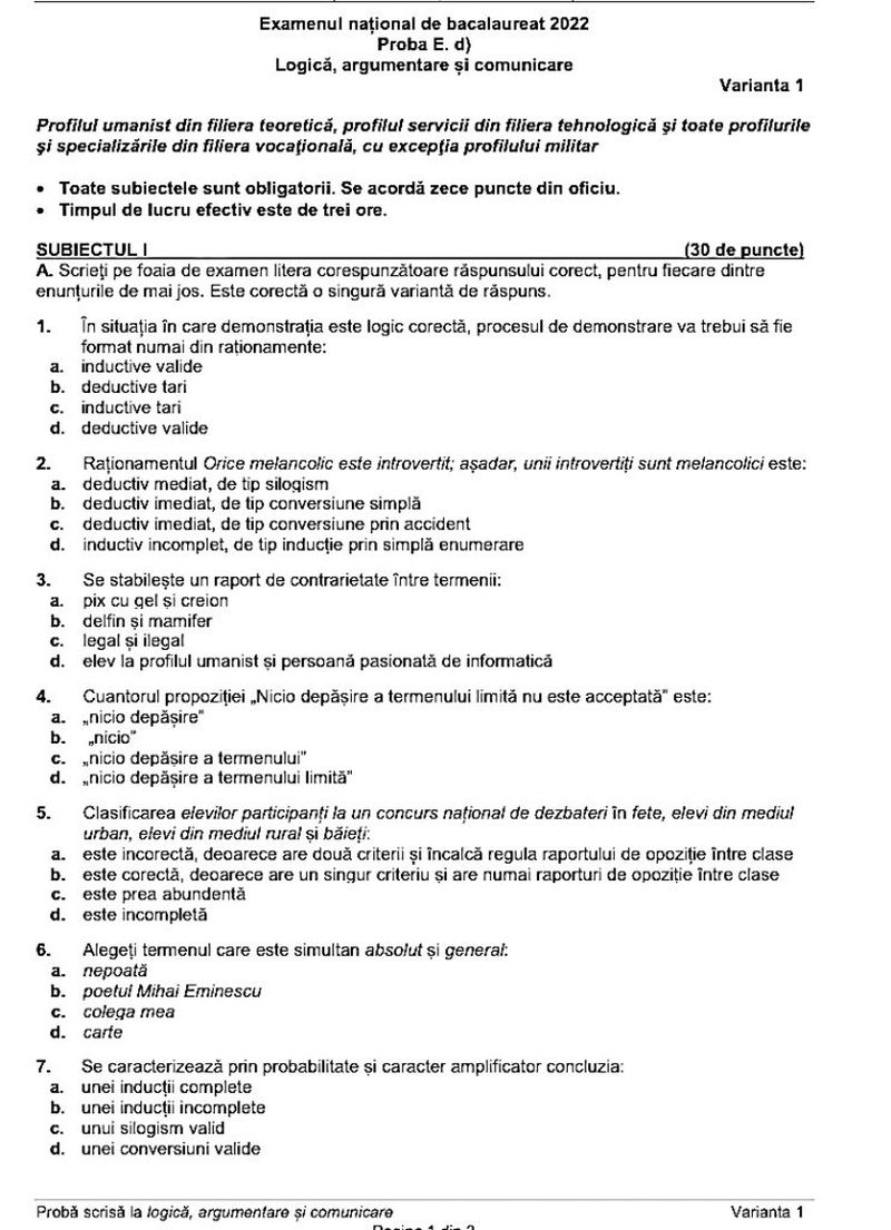 Subiecte BAC 2022 Logică 