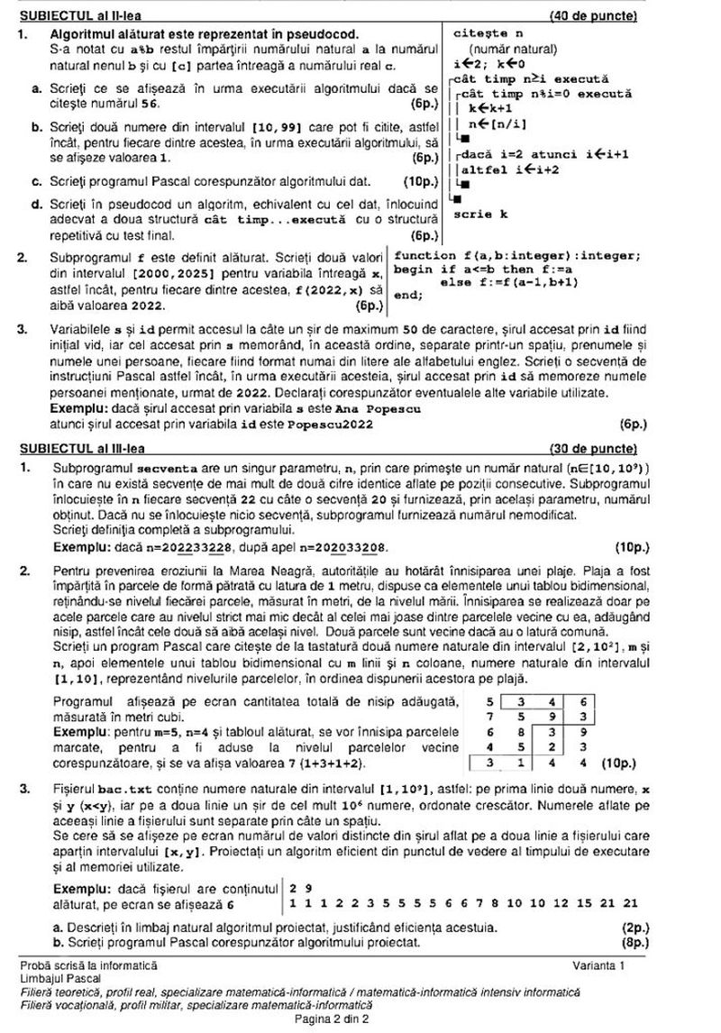 Subiecte Informatică, Limbajul Pascal, specializarea matematică-informatică 