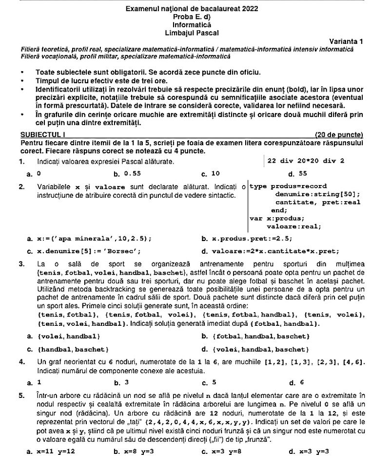 Subiecte Informatică, Limbajul Pascal, specializarea matematică-informatică 